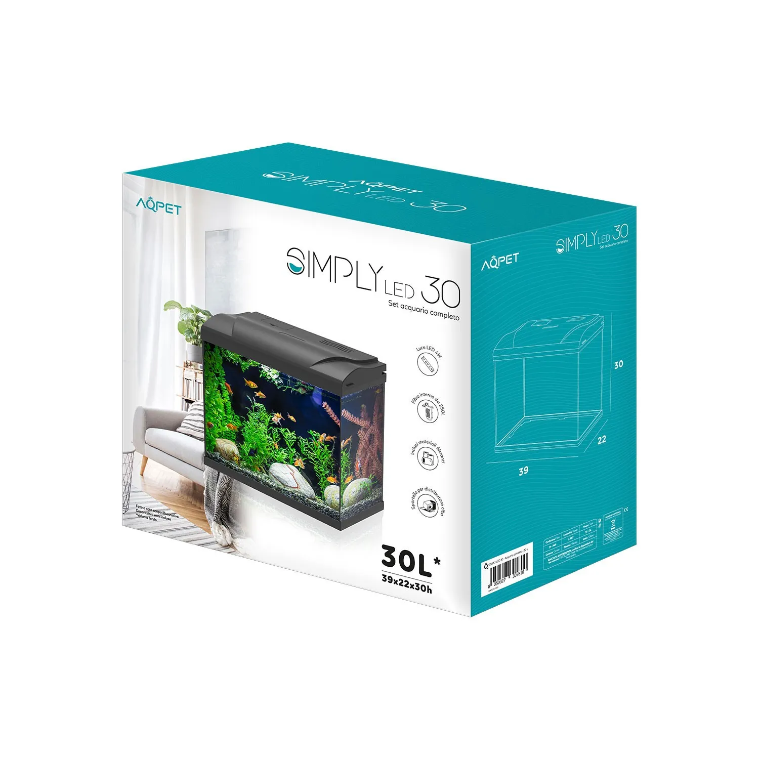 Aqpet Simply Led 30 Nero - Acquario 30 lt - 39x22x30h cm completo di luce e filtro con materiali filtranti