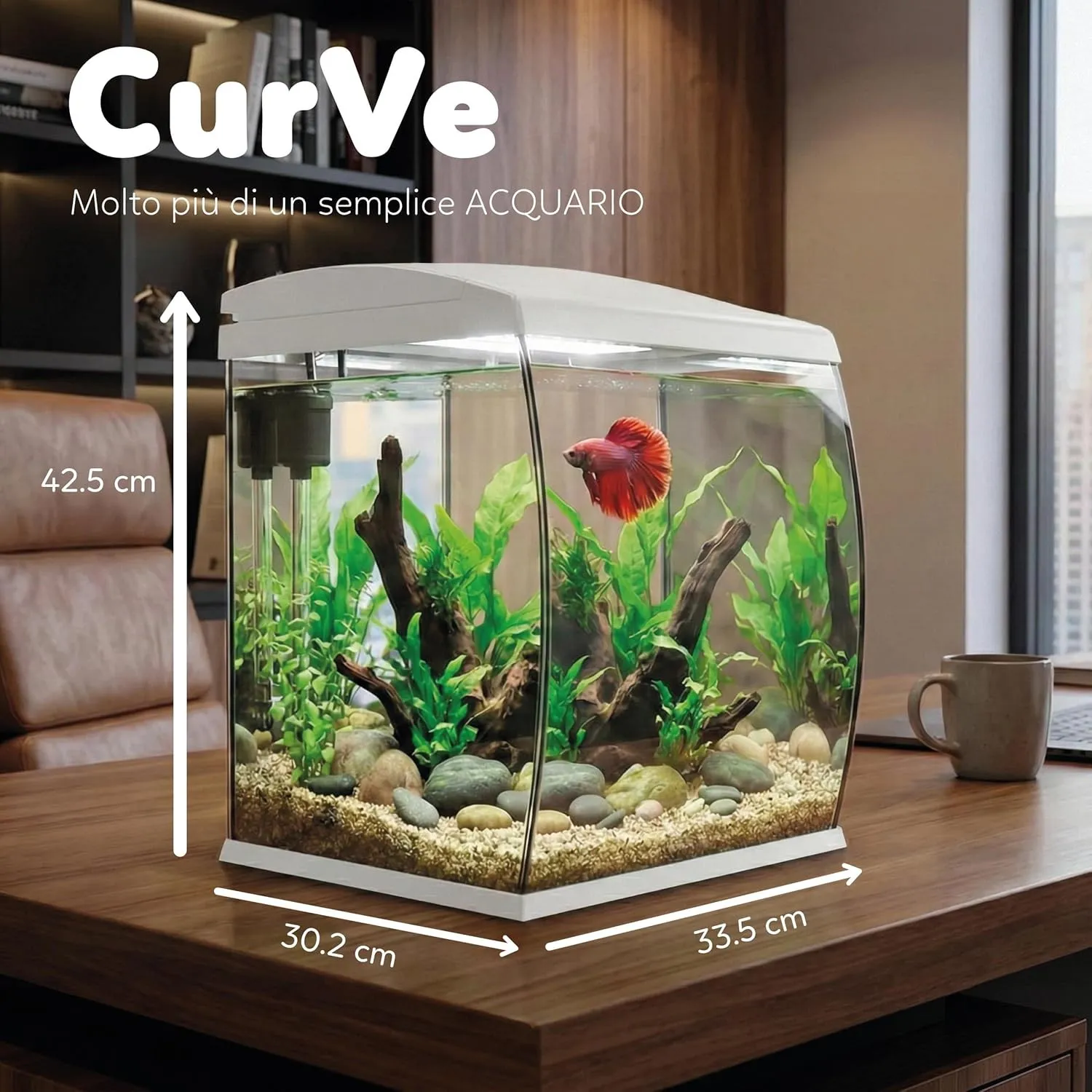 Aqpet CurVe Led 35 lt Bianco - Acquario 35 lt - 30.2x33.5x42.5h cm completo di luce e filtro con materiali filtranti
