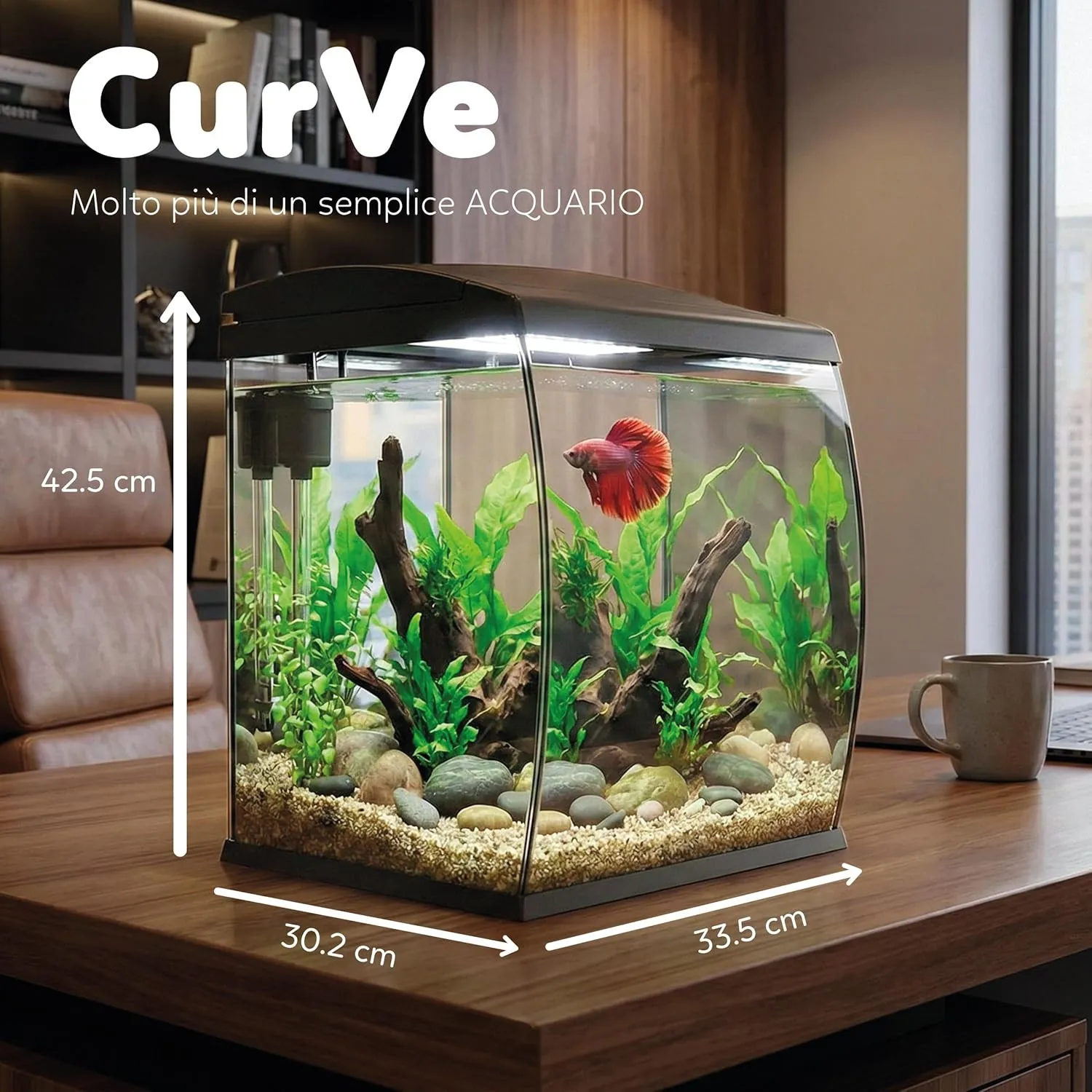 Aqpet CurVe Led 35 lt Nero - Acquario 35 lt - 30.2x33.5x42.5h cm completo di luce e filtro con materiali filtranti