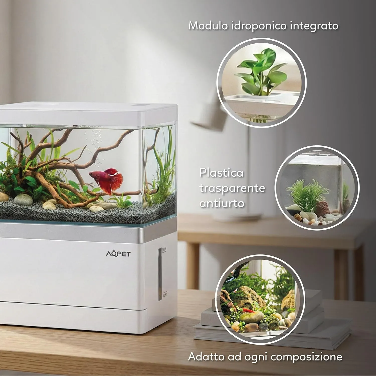 Aqpet Hydo Led 3.5 lt Bianco - Mini Acquario da scrivania 3.5 lt - 18×9,5×21h cm con supporto per smartphone