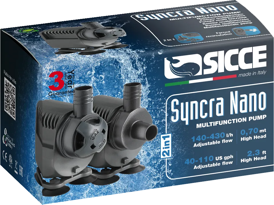 Sicce Syncra nano - Pompa sommersa o in linea regolabile 430 lt/h - consumo 2,8 W