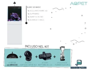 Aqpet Kit Kubic 50 reef completo di tecnica - Acquario marino 50x50x50 cm con sump e supporto, skimmer, luci e pompe Aqpet