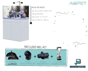 Aqpet Kit Aqua 90 reef completo di tecnica - Acquario marino 90x50x50 cm con sump e supporto, skimmer, luci e pompe Aqpet
