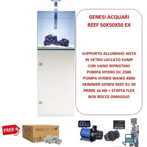 Genesi Acquari Reef Plus Bianco 50x50x50 cm COMPLETO di TECNICA - Acquario marino in vetro extrachiaro con sump e supporto