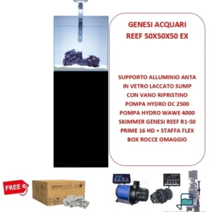 Genesi Acquari Reef Plus Nero 50x50x50 cm COMPLETO di TECNICA - Acquario marino in vetro extrachiaro con sump e supporto