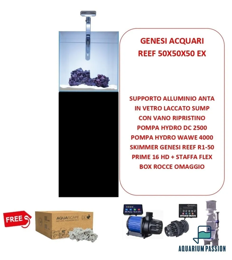 Genesi Acquari Reef Plus Nero 50x50x50 cm COMPLETO di TECNICA - Acquario marino in vetro extrachiaro con sump e supporto