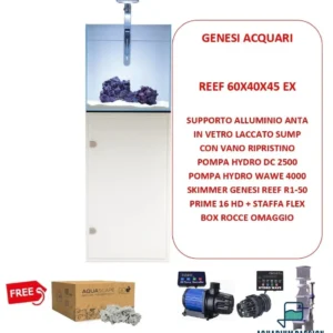 Genesi Acquari Reef Plus Bianco 60x40x45 cm COMPLETO di TECNICA - Acquario marino in vetro extrachiaro con sump e supporto