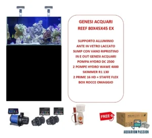 Genesi Acquari Reef Plus Nero 80x45x45 cm COMPLETO di TECNICA - Acquario marino in vetro extrachiaro con sump e supporto