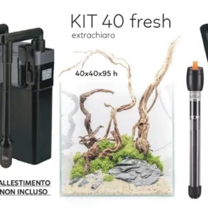 Aqpet Kit 40 Fresh - Acquario in vetro extrachiaro 64 lt 40x40x40h cm completo di filtro a zainetto, luce led e riscaldatore